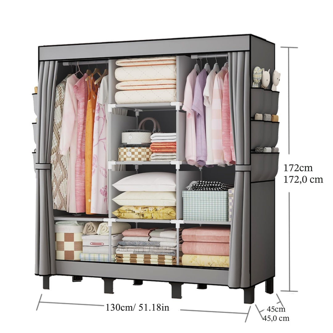 Kleiderschrank Stoff faltbar 130x45x172cm mit Kleiderstange Grau - Bild 6