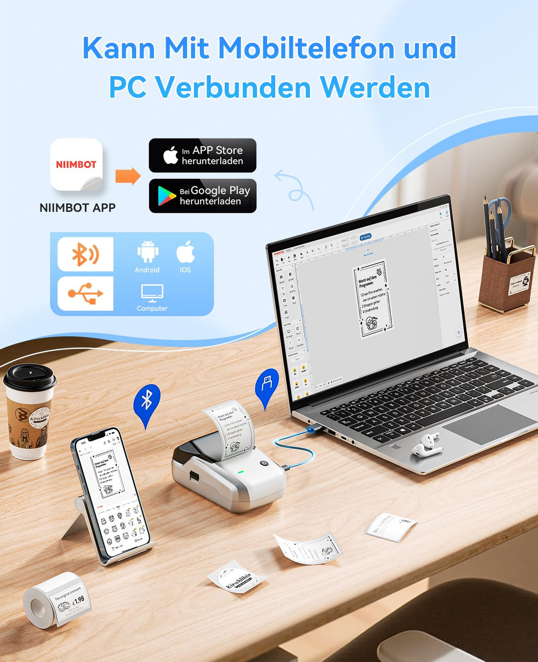 Etikettendrucker Thermodruck Bluetooth 50mm mit 3 Etikettenrollen - Bild 7