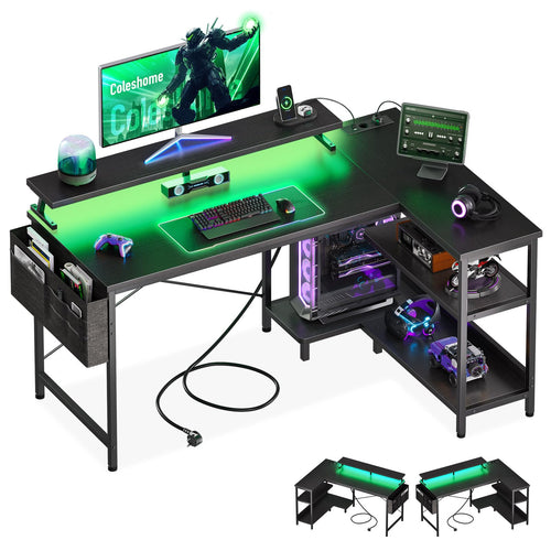 Gaming Tisch L-Form mit LED und Regal 120x80 cm Schwarz