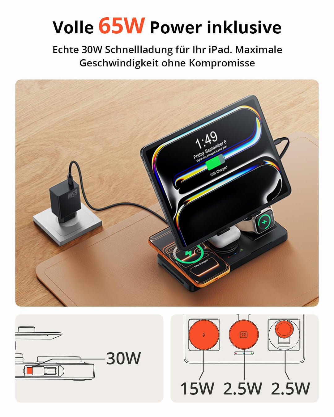 Ladestation 4-in-1 iPhone Watch AirPods iPad 65W Metallisch Schwarz - Bild 4