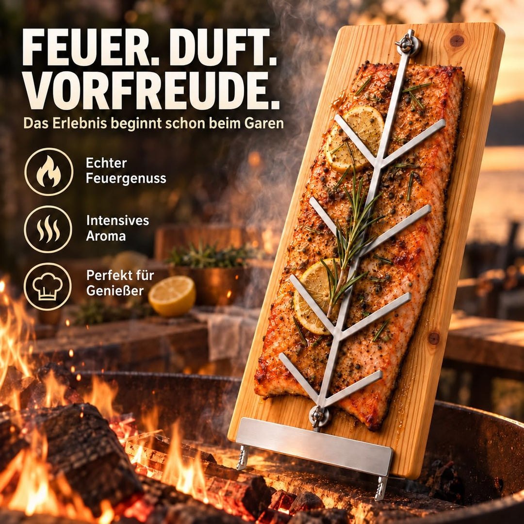Flammlachsbrett Lärchenholz 2er-Set mit Edelstahlhalterung für Feuerschale - Bild 6