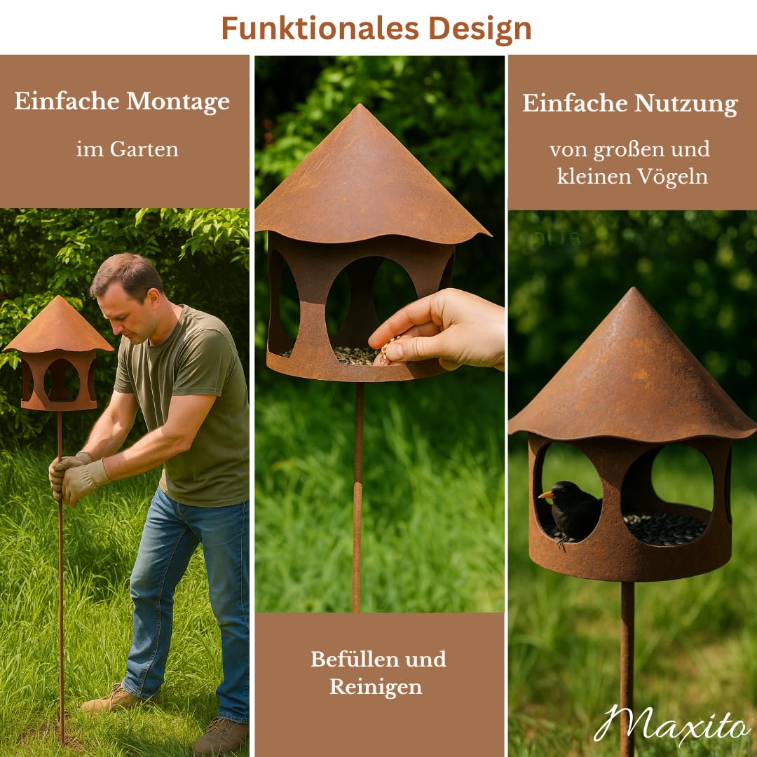 Vogelfutterhaus mit Ständer Metall Rostoptik wetterfest 154 cm - Bild 5