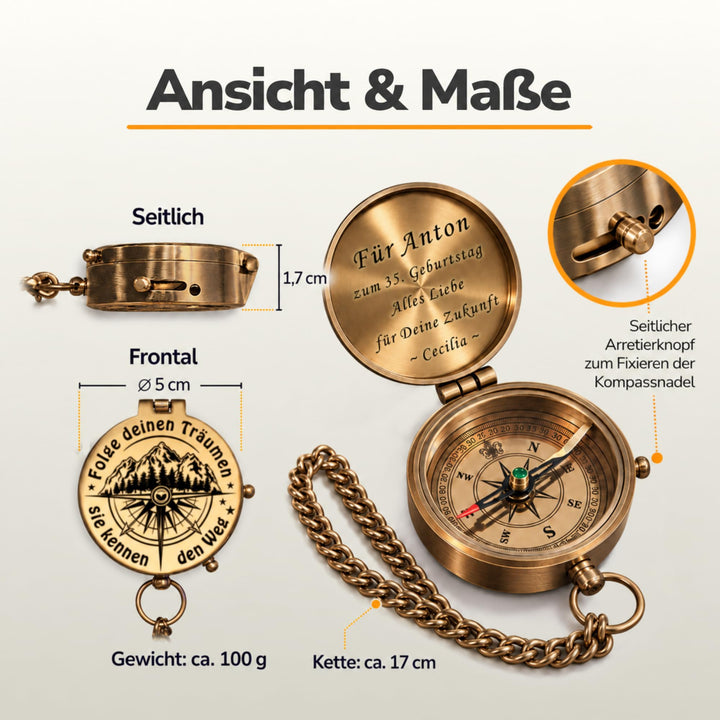 Kompass mit Gravur personalisiert Messing Vintage mit Kette - Bild 6