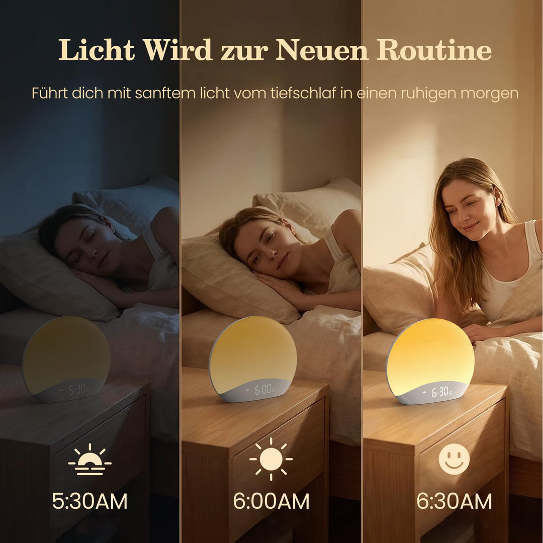 Lichtwecker mit Sonnenaufgang-Simulation, Nachtlicht 8 Farben, Holzdesign - Bild 3
