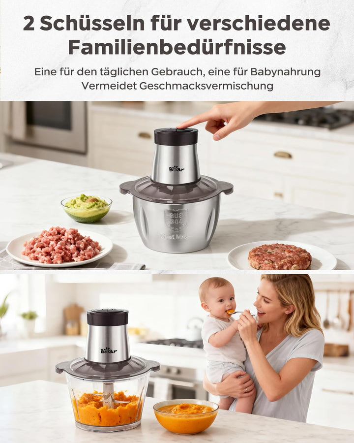 Elektrischer Zerkleinerer 2L Glas + 1.8L Edelstahl 600W 2 Stufen - Bild 6