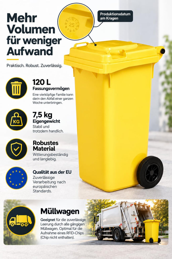 Mülltonne 120 Liter Gelb HDPE mit Deckel &amp; Rädern EN 840 - Bild 4
