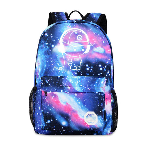 Schulrucksack mit USB-Ladeanschluss Galaxy-Muster Polyester Blau
