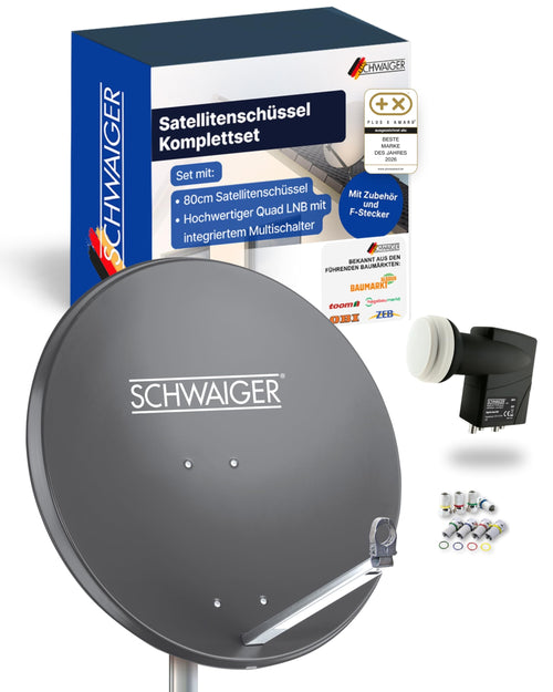 Satellitenschüssel Aluminium 80 cm Anthrazit Komplettset Quad-LNB
