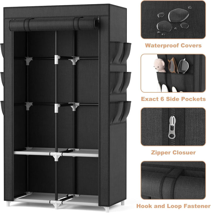 Stoffschrank mit Abdeckung 90x45x172 cm schwarz 2 Kleiderstangen - Bild 4