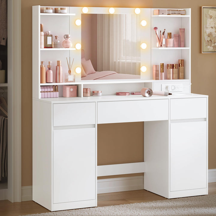 Schminktisch mit LED-Spiegel 3 Schubladen Wolkenweiß 107 cm