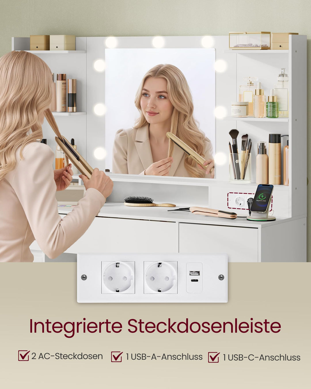 Schminktisch mit LED-Spiegel 3 Schubladen Wolkenweiß 107 cm - Bild 5
