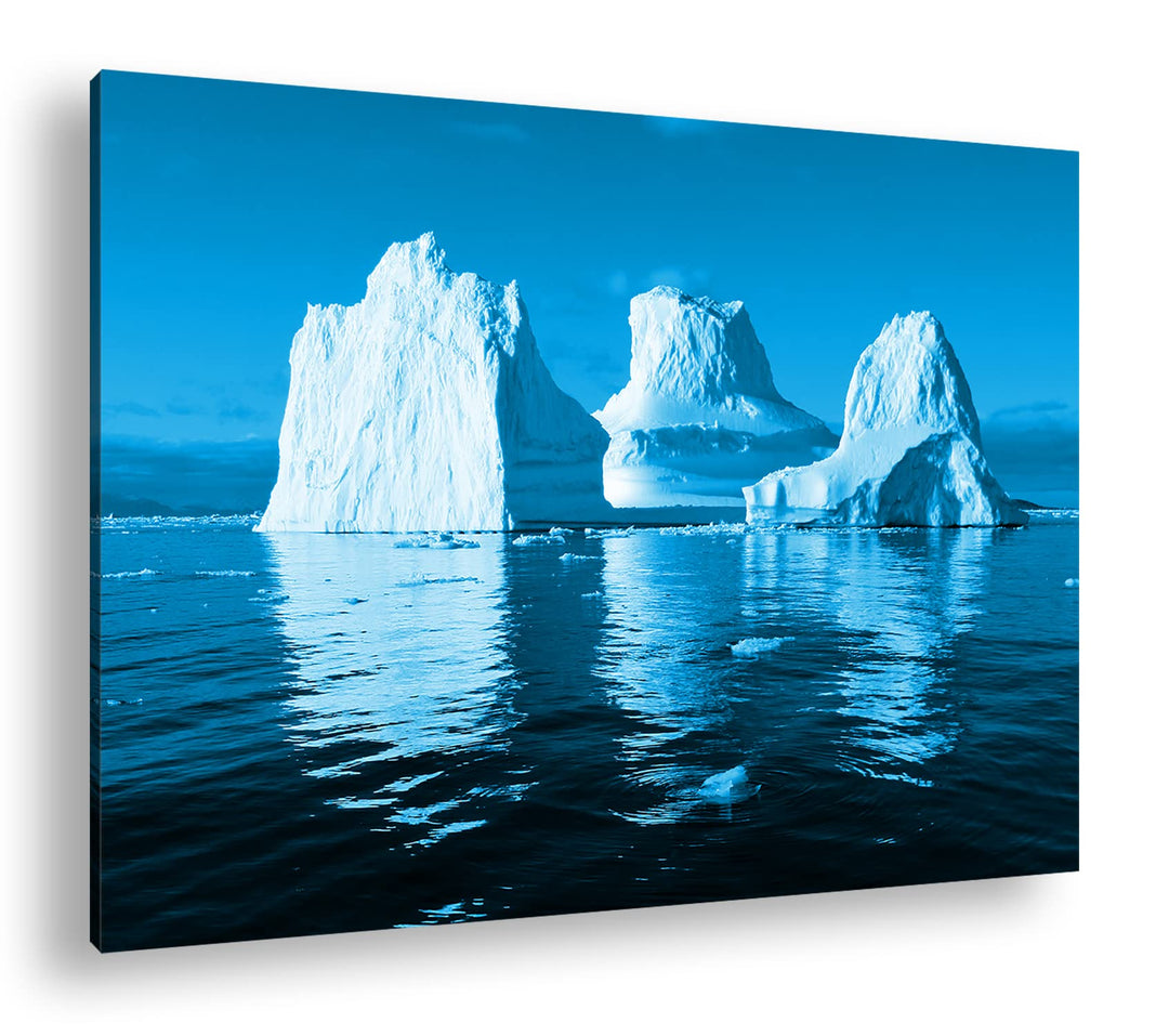 Leinwandbild Eisberge Monochrom Blau auf Echtholzrahmen 80x60 cm