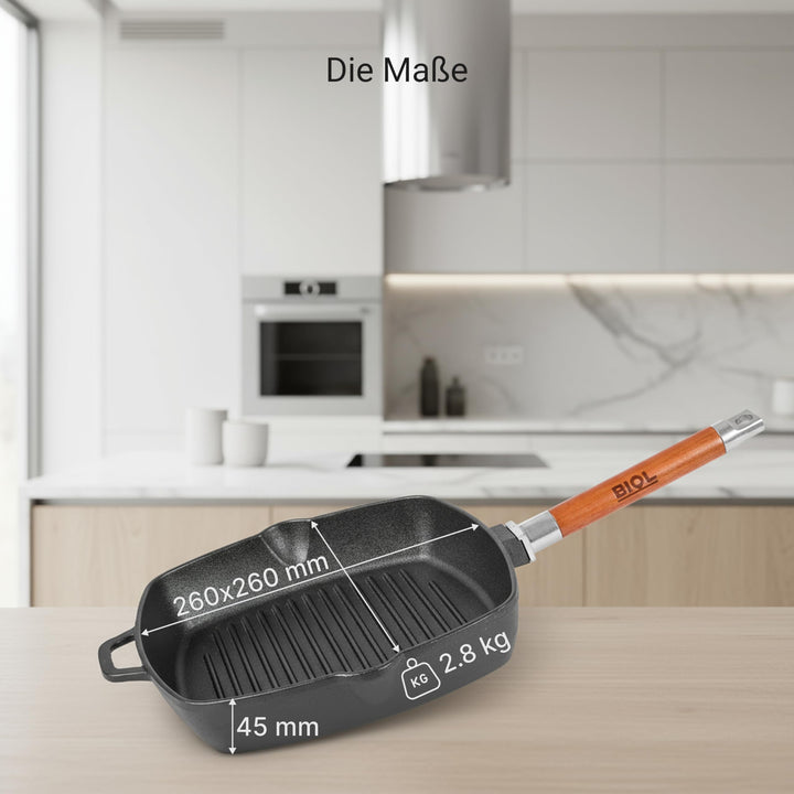 Grillpfanne Gusseisen emailliert 26x26 cm mit abnehmbarem Holzgriff - Bild 2