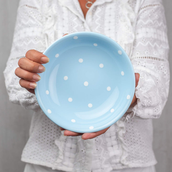 Keramik Suppenteller 18,5 cm Hellblau Weiss Polka Dots handgemacht - Bild 4