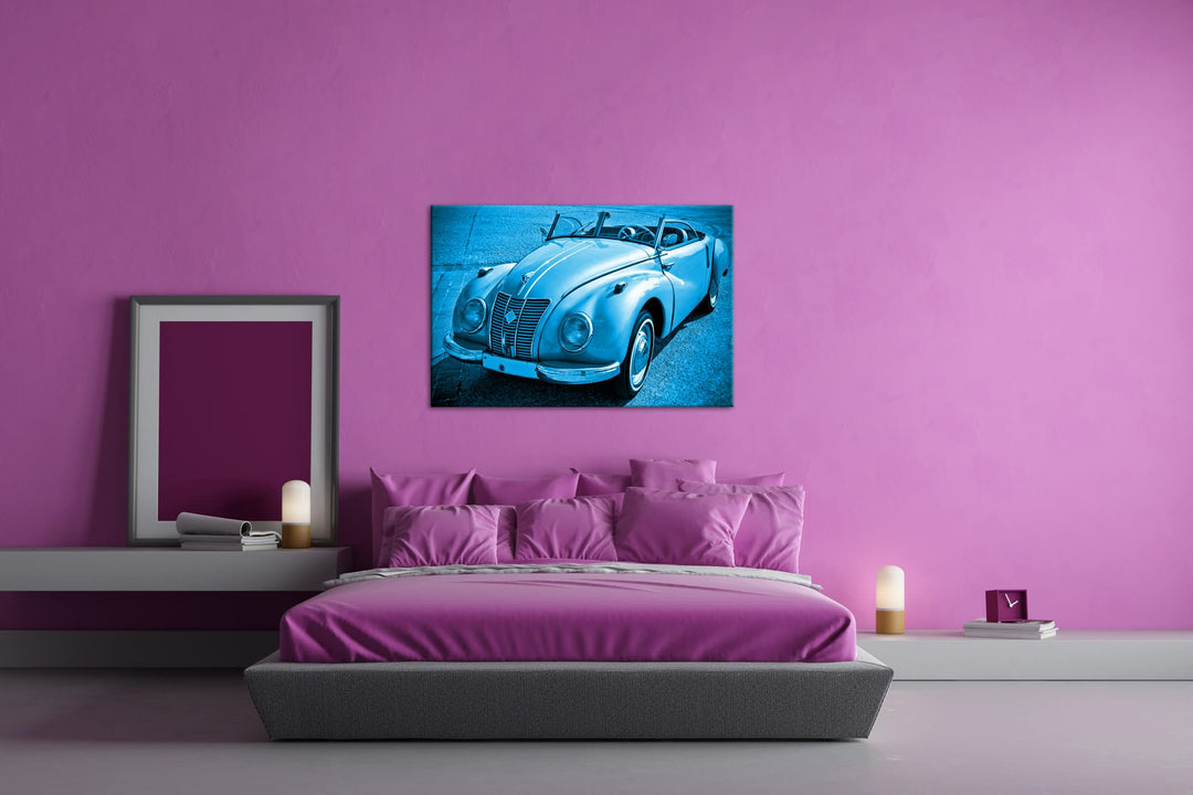 Leinwandbild Oldtimer Motiv Monochrom Blau 80x60 cm Echtholz - Bild 3
