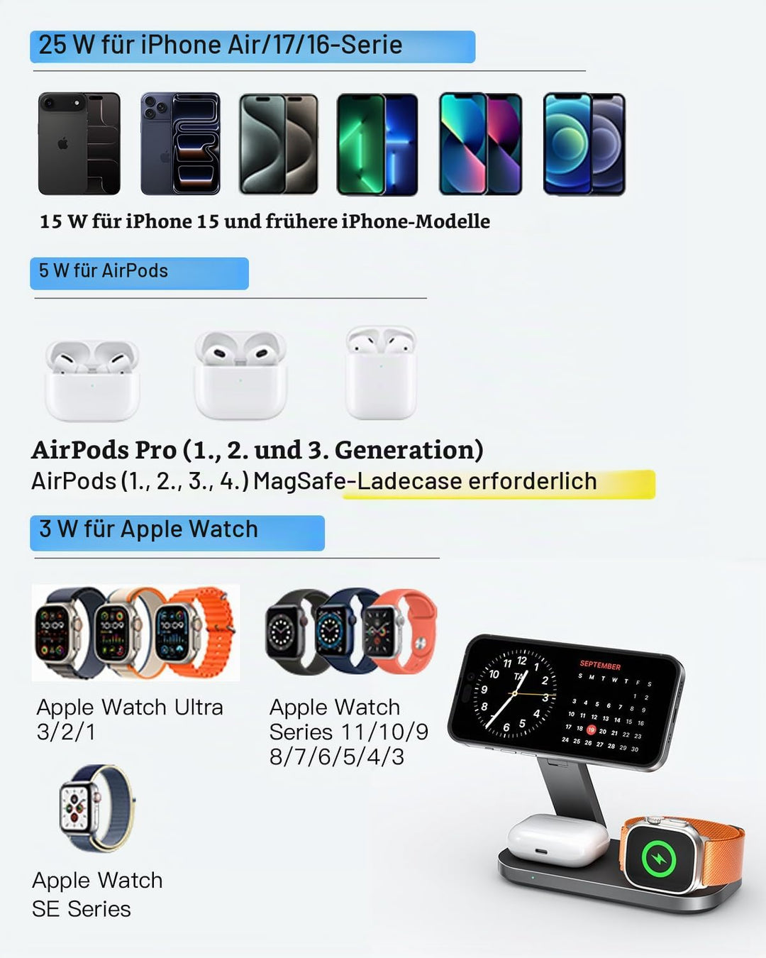 Kabellose Ladestation 3-in-1 Qi2 25W faltbar für iPhone &amp; Watch - Bild 3