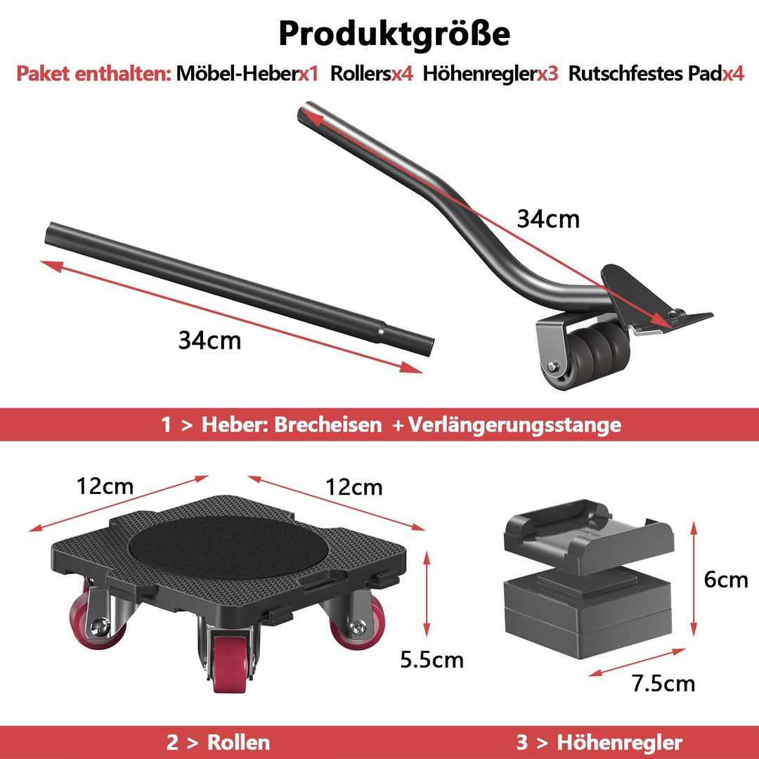 Möbel-Transportroller Set mit Möbelheber 4 Rollen 360° - Bild 4