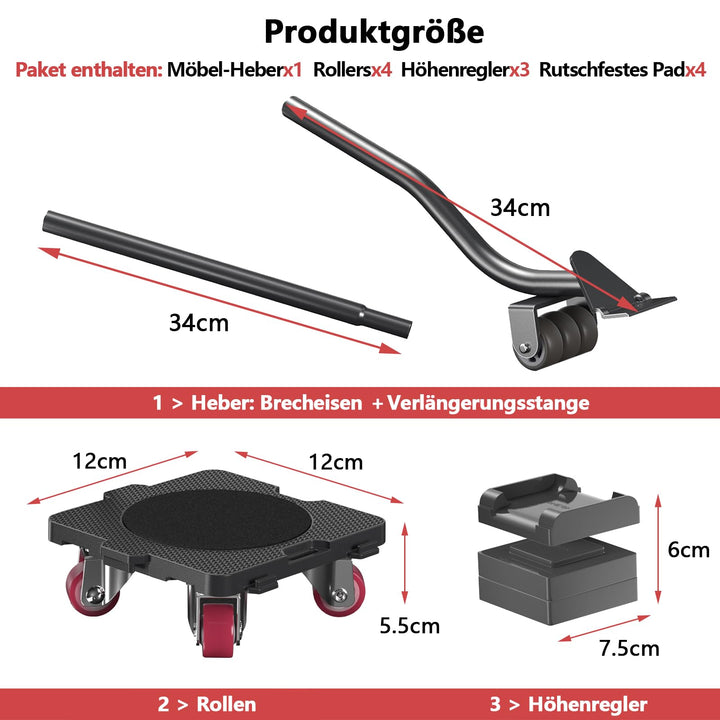 Möbel-Transportroller Set mit Möbelheber 4 Rollen 360° - Bild 4