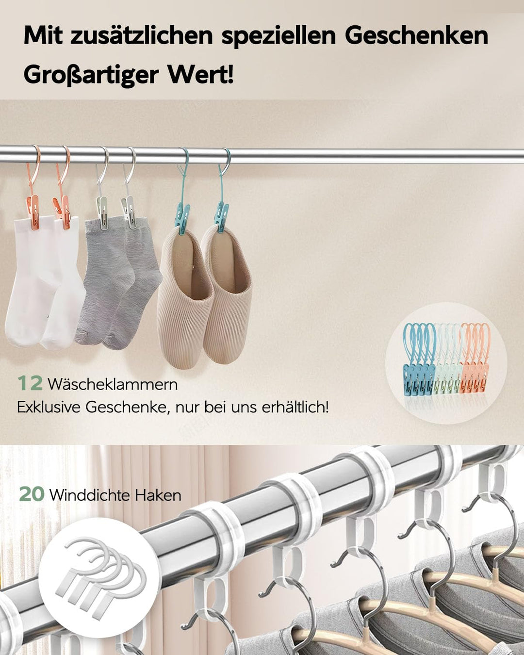 Wäscheständer Edelstahl 200 cm klappbar Indoor Outdoor 20 Haken - Bild 4