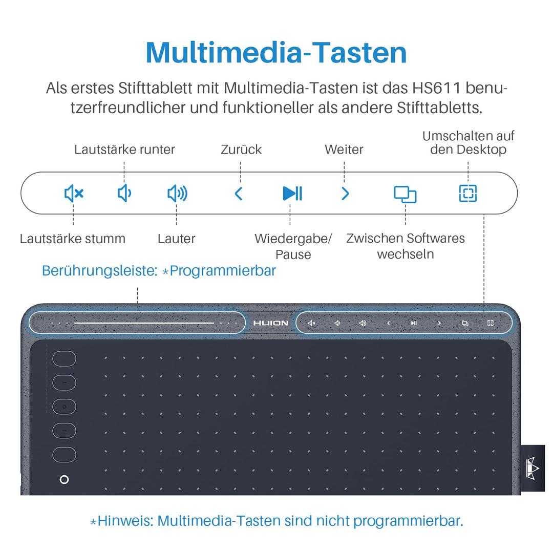 Grafiktablett 10x6 Zoll mit Multimedia-Tasten, 8192 Druckstufen, Grau - Bild 2