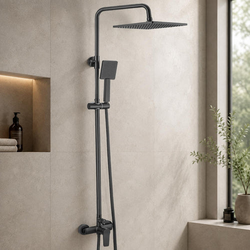 Duschsystem Schwarz Regendusche 25x25cm höhenverstellbar mit Handbrause