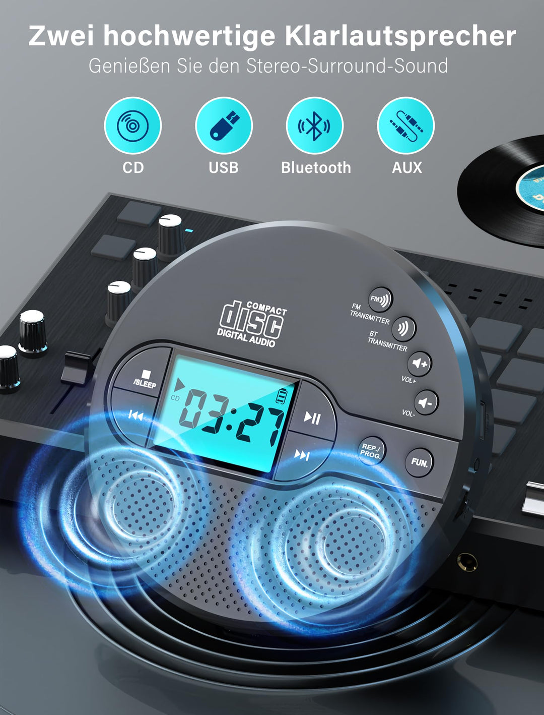 Tragbarer CD-Player mit Bluetooth, FM-Transmitter und LCD-Display - Bild 2