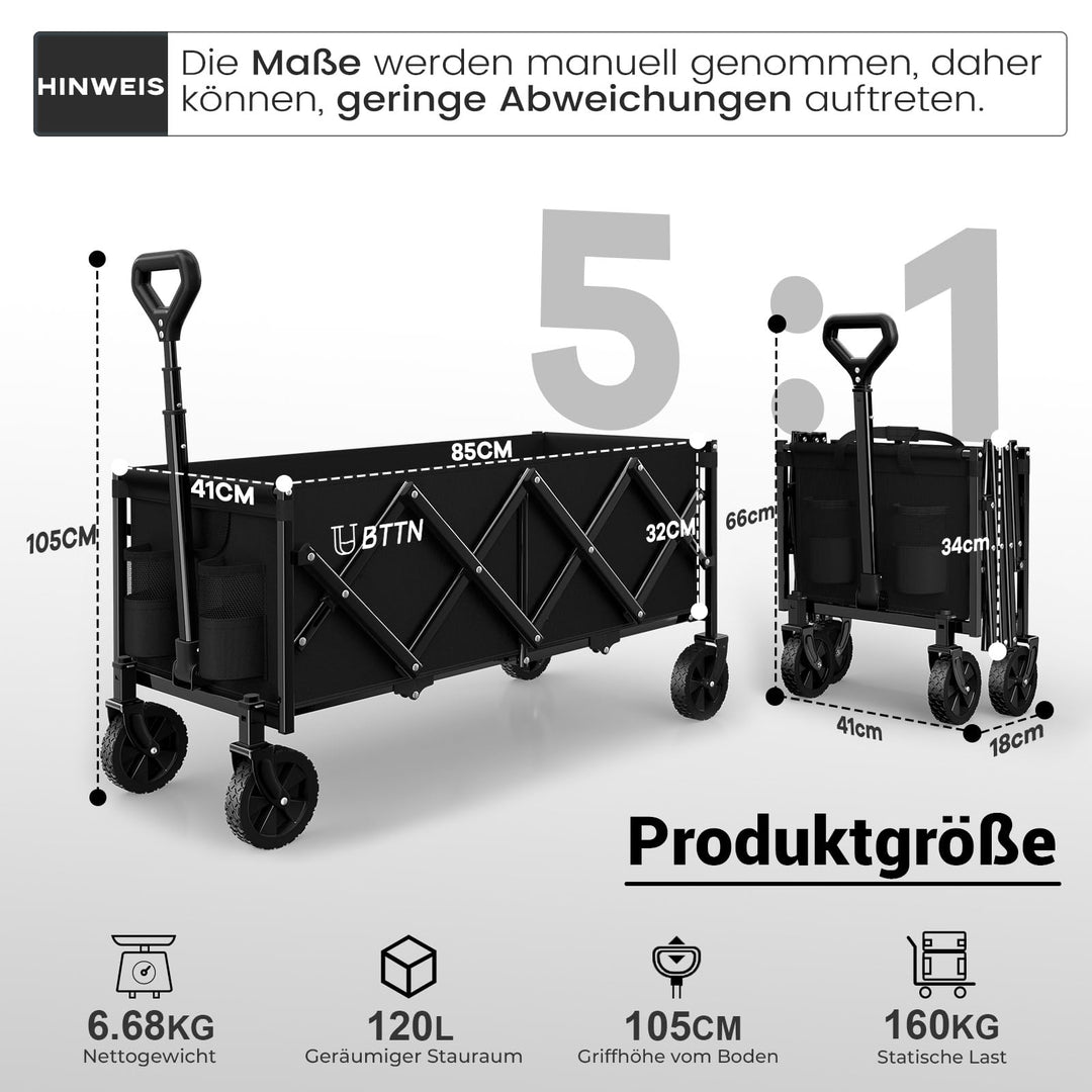 Bollerwagen faltbar 120L extra lang mit 360°-Rädern schwarz - Bild 2