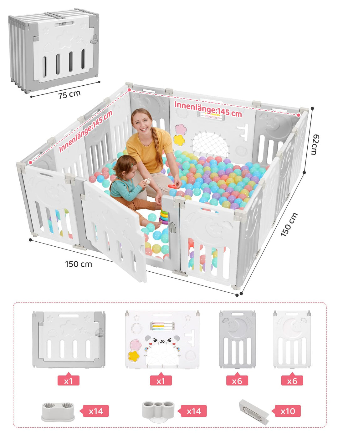 Laufstall Baby faltbar 150x150cm Kunststoff mit Tür 14 Paneele - Bild 2