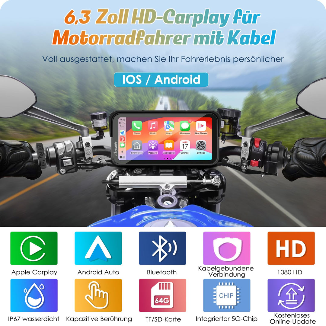 Motorrad-Navi 6,3 Zoll HD IPS Wireless CarPlay Android Auto IP67 - Bild 2