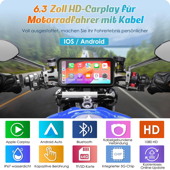 Motorrad-Navi 6,3 Zoll HD IPS Wireless CarPlay Android Auto IP67 - Bild 2