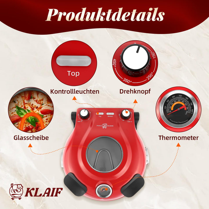 Elektrischer Pizzaofen 1200W bis 420°C mit Pizzastein 31cm - Bild 3