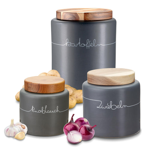Vorratsdosen Set Keramik 3-teilig Kartoffel Zwiebel Knoblauch Bambus