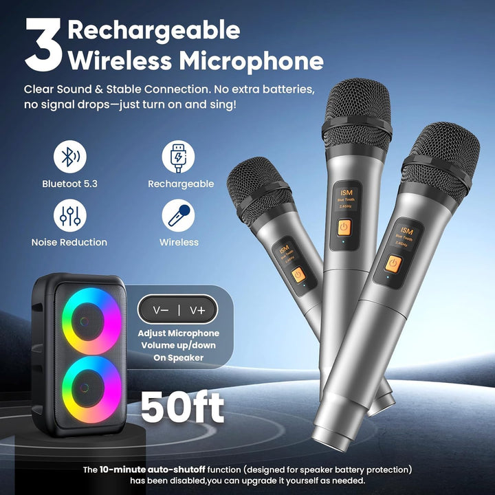 Karaoke Maschine 2x15W mit 2 kabellosen Mikrofonen 10h Akku - Bild 7