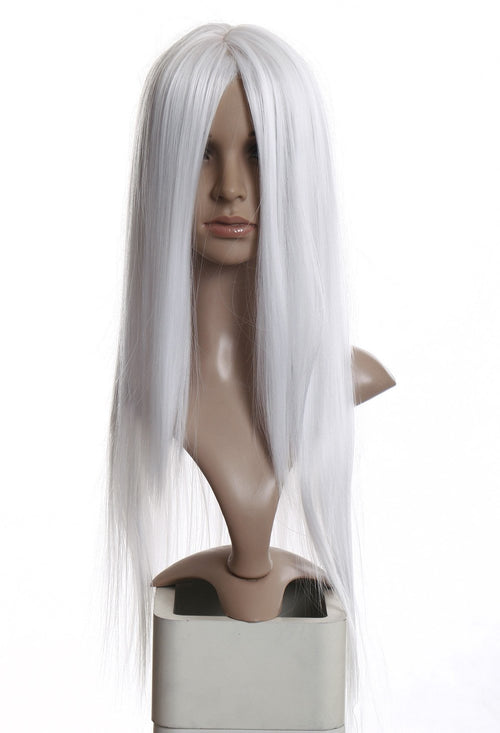 Damenperücke lang glatt Mittelscheitel Weiss Cosplay 80 cm hitzefest