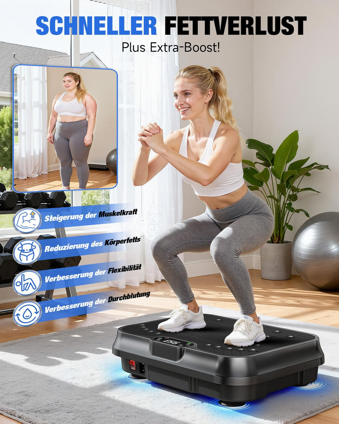 Vibrationsplatte mit 250 Stufen und Zugseil für Heimtraining - Bild 3