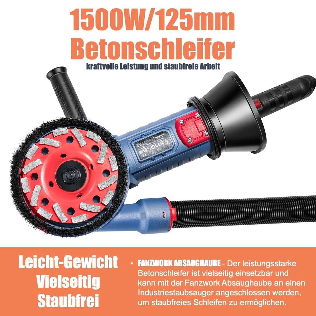 Betonschleifer 1500W 125mm mit Absaughaube und 2 Diamantschleiftöpfen - Bild 2