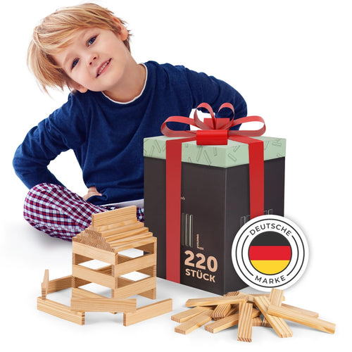 Holzbausteine Kiefer 220-teilig unbehandelt mit Box und Bauanleitung