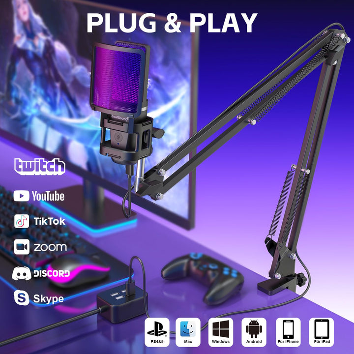 USB-Kondensatormikrofon Set mit Schwenkarm, Stativ &amp; RGB für Podcast - Bild 2