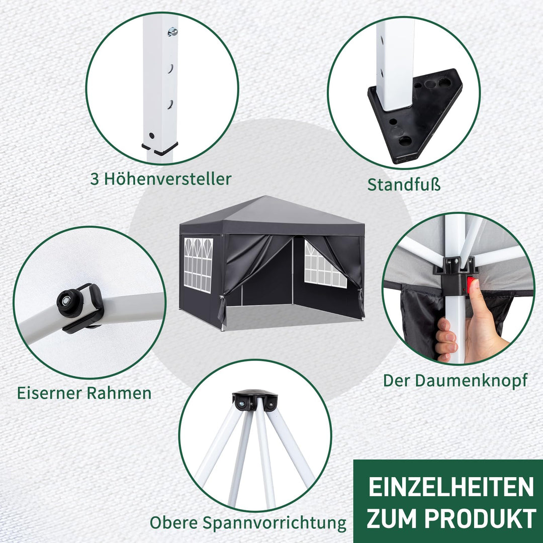 Faltpavillon 3x3m 420D Oxford mit 4 Seitenteilen Grau - Bild 4