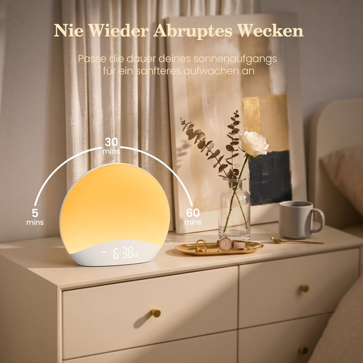Lichtwecker mit Sonnenaufgang-Simulation, Nachtlicht 8 Farben, Holzdesign - Bild 8