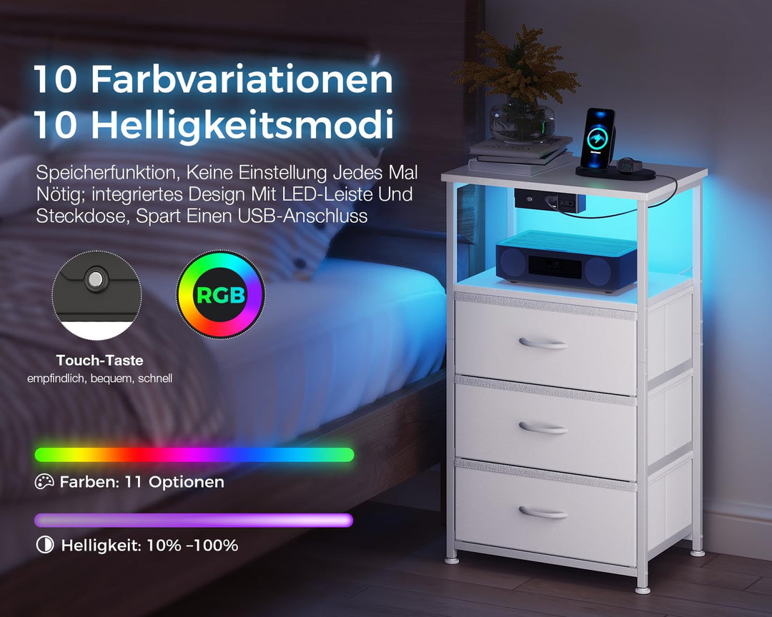 Nachttisch Stoff weiss mit LED, 2 USB, 1 Steckdose, Schublade - Bild 3