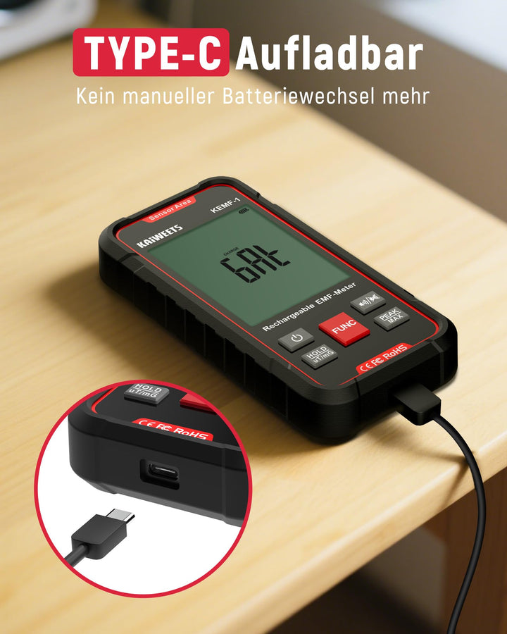 EMF-Messgerät 3-in-1 EF/MF/RF mit LCD-Display und USB-C Akku - Bild 5