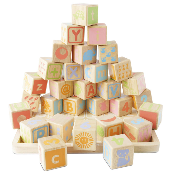 Holzbauklötze ABC Alphabet mit Tablett aus Gummibaumholz ab 12 M.