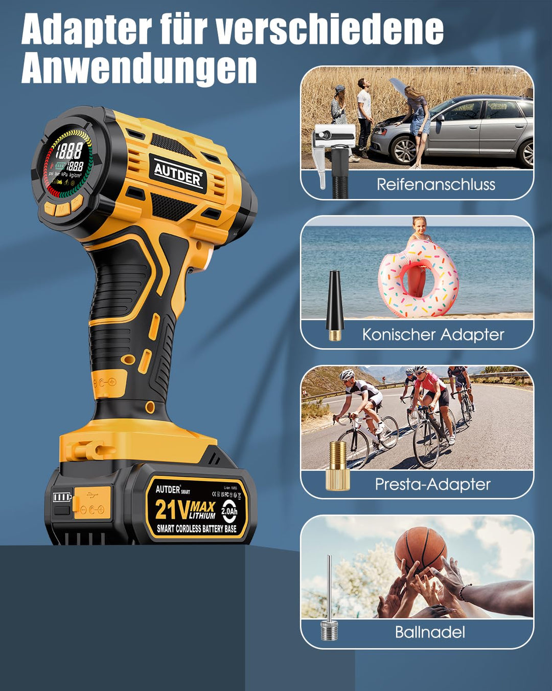 Akku-Kompressor 180 PSI mit LCD-Display für Auto, Fahrrad &amp; Ball - Bild 7