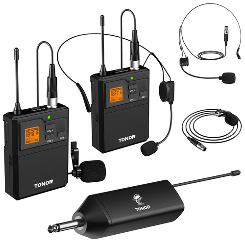 Funkmikrofon Set UHF 2 Lavalier + 2 Headset 60m Reichweite