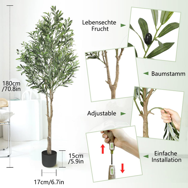 Kunstpflanze Olivenbaum 180 cm mit Früchten und Zementtopf - Bild 2