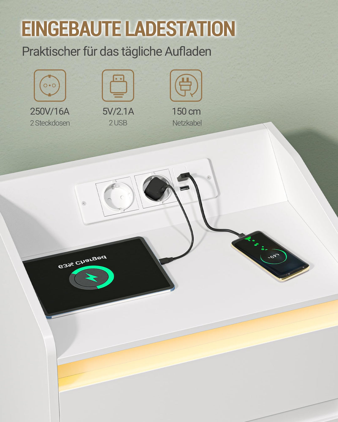 Nachttisch 3 Schubladen mit LED-Licht und USB-Ladestation 2er Set - Bild 5