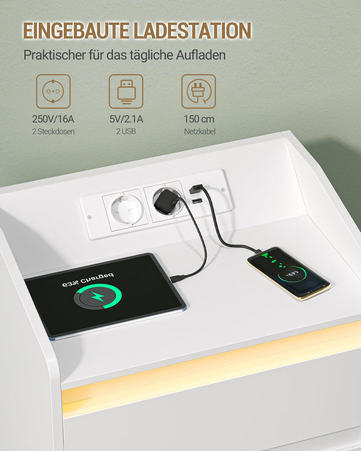 Nachttisch 3 Schubladen mit LED-Licht und USB-Ladestation 2er Set - Bild 5