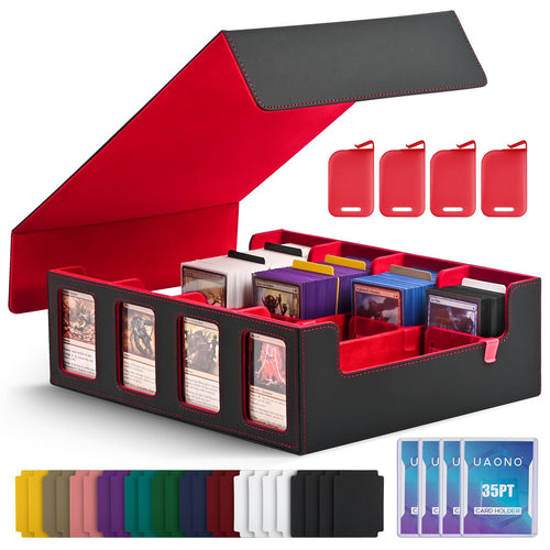 Trading Card Box 2400+ Karten PU-Leder mit Display-Fenster Schwarz-Rot