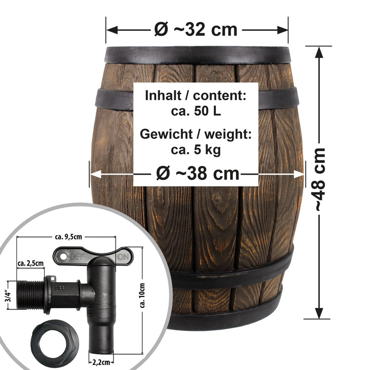 Regentonne Eichenfass-Optik 50L PE-Kunststoff frostsicher mit Hahn - Bild 2